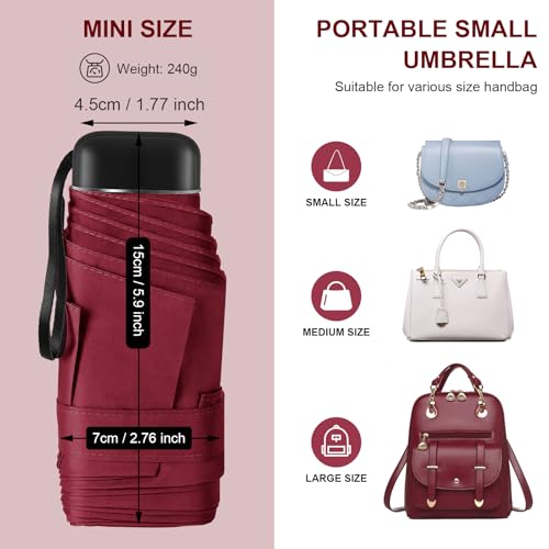 Mini Umbrella for Travel with Case Small Compact Sun Rain Tiny for Purse - color: 0.10 Wine Red