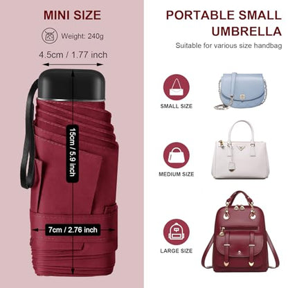 Mini Umbrella for Travel with Case Small Compact Sun Rain Tiny for Purse - color: 0.10 Wine Red