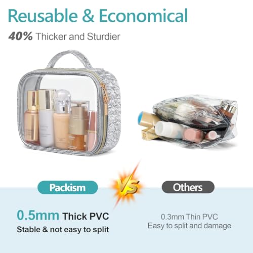 PACKISM TSA Approved Toiletry Bag - 3 Pack Ruched Textured Clear Makeup Bag - color: LA- Silver, size: Medium Set