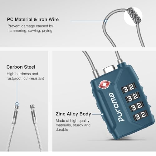 Puroma 2 TSA Approved Luggage Locks 4 Digit Code Cable Lock Blue Peacock | Resettable, Flexible Cable, Zipper holes, Zinc Alloy, Bright Color, Large White Numbers, Suitcase Train Travel, laptop bag - color: Basic Blue Peacock