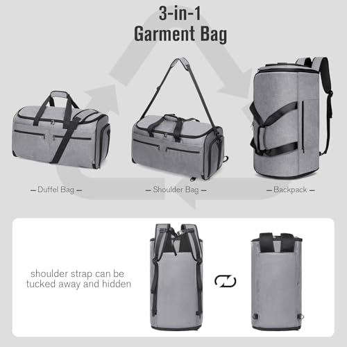 Bukere Carry on Garment Bag for Travel, Convertible Travel Duffel Suit Bag with Backpack Straps, Shoe Compartment, 3 in 1 Weekender Suit Bag for Men Women - color: Backpack Grey