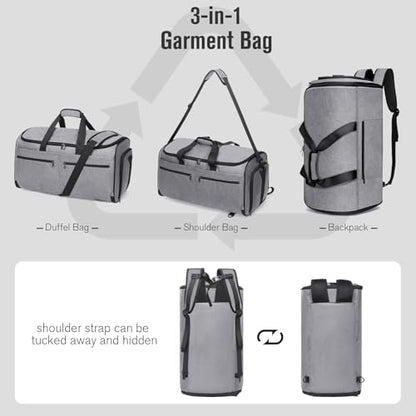 Bukere Carry on Garment Bag for Travel, Convertible Travel Duffel Suit Bag with Backpack Straps, Shoe Compartment, 3 in 1 Weekender Suit Bag for Men Women - color: Backpack Grey