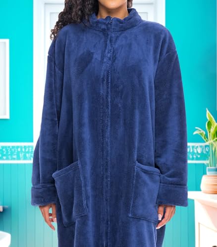 Women's Long Sleeve Plush Fleece Zip Up Robe, Zipper Bathrobe - color: Navy Blue, size: Large