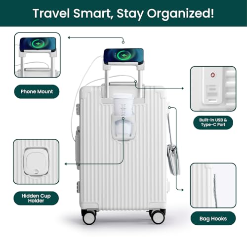 Nobl Travel Carry on Luggage, Zipperless Aluminum Frame, TSA Locks | PC Hard Shell Suitcase, Airline Approved, 360° Spinner Wheels, USB Charging Port, Cup & Phone Holder, 22.5x15x9.5, Ivory - color: Ivory