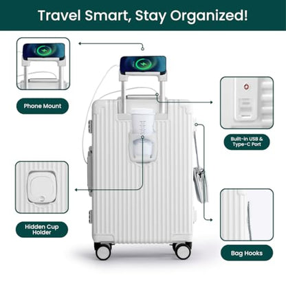 Nobl Travel Carry on Luggage, Zipperless Aluminum Frame, TSA Locks | PC Hard Shell Suitcase, Airline Approved, 360° Spinner Wheels, USB Charging Port, Cup & Phone Holder, 22.5x15x9.5, Ivory - color: Ivory