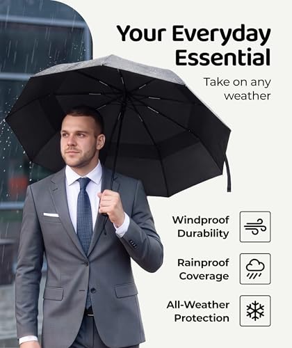 Windproof Travel Umbrella - Compact & Withstands Winds up to 100MPH, Strongest Premium Auto Folding Umbrella for Rain and Sun - Durable, Light & Portable for Women & Men, Fits Backpack & Cars - color: 1. Black