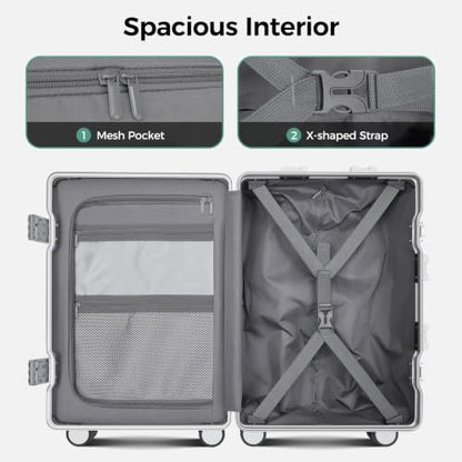 Carry on Luggage Aluminium Frame with Cup Holder,Top opening Suitcases and USB Charging Port,Lightweight with Front Pocket Rolling Suitcases with Spinner Wheels (Beige, 20Inch)