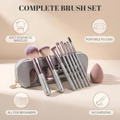 Travel Makeup Brush Set with Case & Sponge for Foundation Powder Blush 14 - color: Champagne