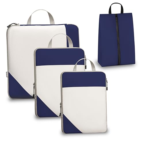 Compression Travel Packing Cubes with White Mesh, Blue, 4Pcs - color: Blue, size: Set of 4