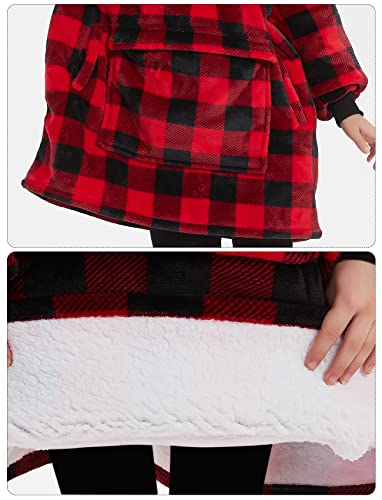 KFUBUO Wearable Blanket Hoodie for Kids With Pocket, 6-10 Year Old, Plaid - color: Red Plaid, size: Kids 6-10YR