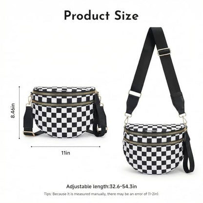 Checkered Crossbody Bum Bags for Women Large Nylon Belt Purse Fanny Packs Bag with Adjustable Shoulder Strap (Black White Checkered) - color: Black White Checkered