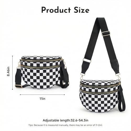 Checkerboard Crossbody Bag for Women, Expandable Plaid Belt Bag Nylon Fanny Pack with Multiple Pockets - color: Black White Checkered