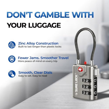 SURE LOCK TSA Approved Luggage Locks with Open Alert Indicator, 3 Digit Combination Cable Travel Lock for Suitcase, Backpack, Gym Locker, Toolbox & Travel Bag(Grey 4 Pack) - color: GREY 4 PACK