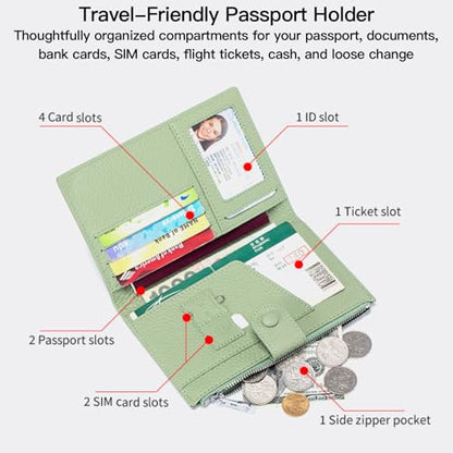 Genuine Leather RFID Blocking Passport Holder Wallet, Multi-Functional Travel Document Organizer with Zipper Pocket, Includes SIM Card Ejector Pin (Dark Khaki) - color: Dark Khaki