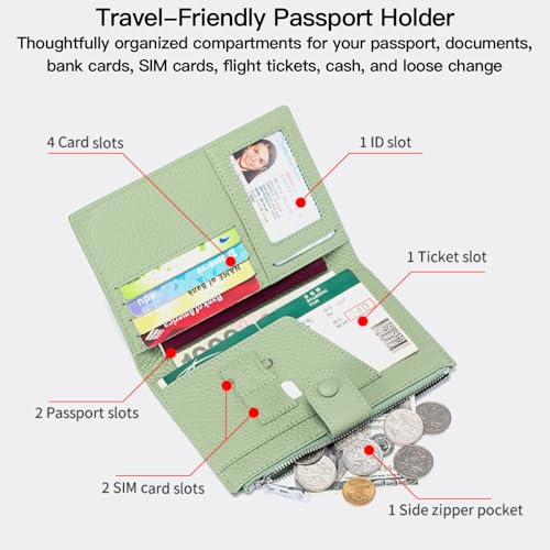 Genuine Leather RFID Blocking Passport Holder Wallet, Multi-Functional Travel Document Organizer with Zipper Pocket, Includes SIM Card Ejector Pin (Dark Khaki) - color: Dark Khaki