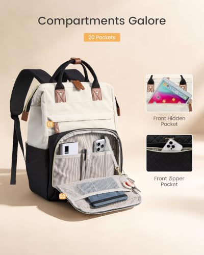 LOVEVOOK Laptop Backpack Women Quilted Teacher Nurse Work Backpack Purse - color: Cream Black, size: 15.6 inch-Cup