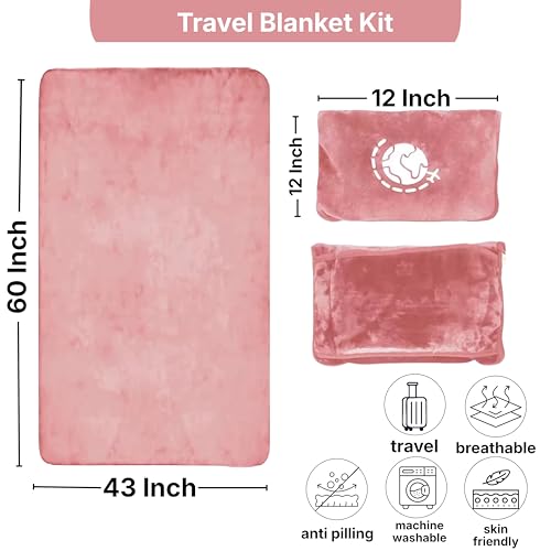 Travel Blanket and Pillow Compact – 4-in-1 Soft Fleece Airplane Blanket with Bag Pillowcase, Neck Pillow, Eye Mask & Earplugs, Lightweight Portable Flight Blanket 60"x43" (Pink) - color: Pink