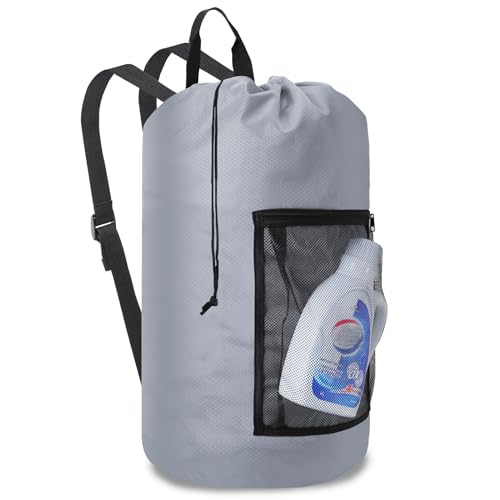 Laundry Backpack Portable Travel Laundry Bags with Straps and Mesh Pocket - color: Gray, size: 1 Pack