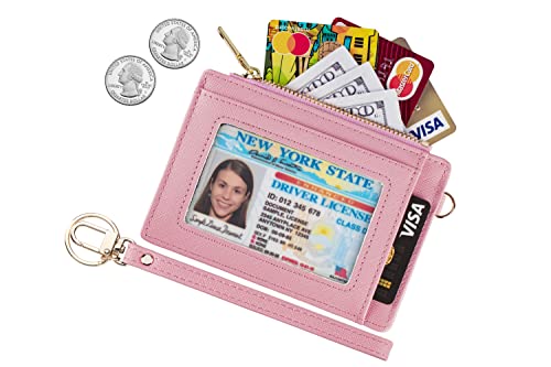 Wikavanli Women Slim Rfid Blocking Credit Card Case Holder Wristlet Zip ID Case Wallet Small Compact Leather Wallet Coin Purse with Keychain (Pink) - color: Pink