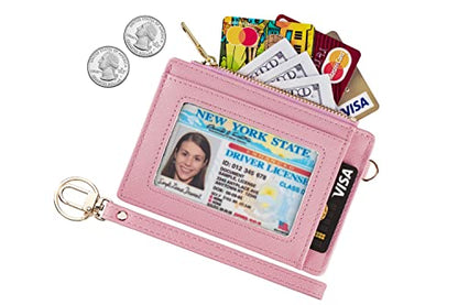 Wikavanli Women Slim Rfid Blocking Credit Card Case Holder Wristlet Zip ID Case Wallet Small Compact Leather Wallet Coin Purse with Keychain (Pink) - color: Pink
