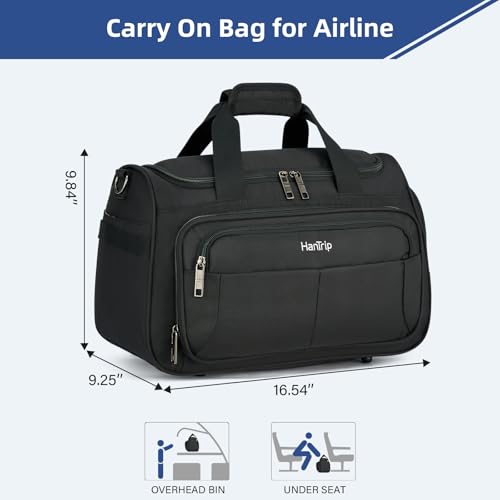 HanTrip 16 Inch Under Seat Carry On Duffle Bag for Airplanes, Black - color: Black, size: Carry-on 16.5-Inch