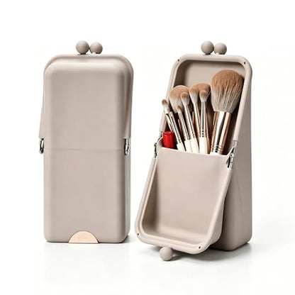 Standable Silicone Makeup Brush Holder, Waterproof Travel Cosmetic Storage Bag with Phone Stand Design, Multifunctional Travel Organizer Pouch for Lipstick Eyebrow Pen Beauty Tools(Grey) - color: Grey