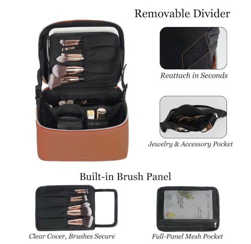 Travel/Daily Makeup Bag/Cosmetic Case with Detachable LED Mirror - color: Caramel Brown
