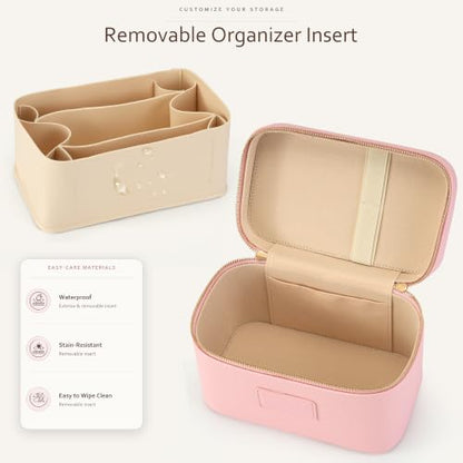Makeup Bag Travel Toiletry Leather Cosmetic Case, Waterproof Makeup Organizer with Brush Holder, Wipe Clean Removable Divider Vanity Train Bag for Women, Pink - color: Pink