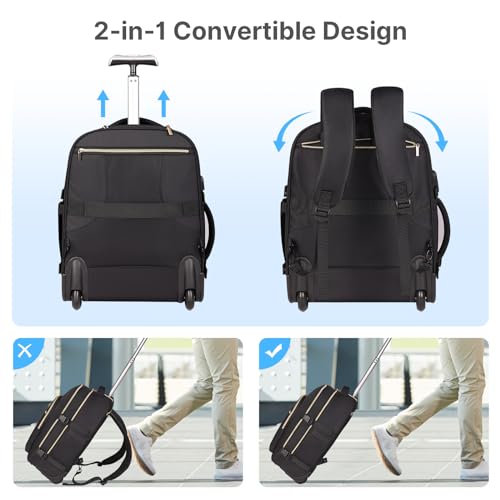 DEVPNR Rolling Backpack for Women, Travel Backpack with Wheels - color: Elegant Black