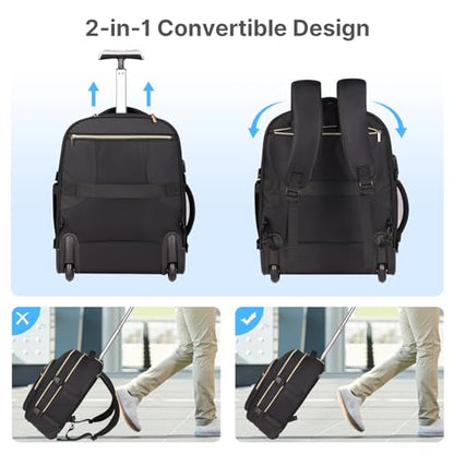 DEVPNR Rolling Backpack for Women, Travel Backpack with Wheels - color: Elegant Black