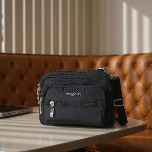 Baggallini Triple Zip Small Crossbody Bag for Women - Lightweight Convertible Fanny Pack Belt Bag - color: Black With Sand Lining, style: Slim Strap