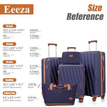 Eeeza Luggage Sets 5 Piece Suitcases with Wheels(Navy,20"/24"/28" DB/TB) - color: Navy, size: 5 Piece Sets (20/24/28/DB/TB)