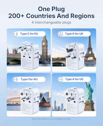ORICO Ultra-Thin GaN Travel Adapter 25W, International Plug Adapter | 5-in-1 (1 AC Outlet 2 USB-C and 2 USB-A Ports) Universal Power Adapter for US EU UK AU 200+ Countries (2500W Max) - 1 Pack - color: Blue