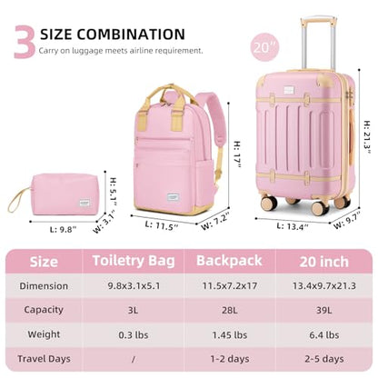 LARVENDER Expandable Carry on Luggage Sets 3 Piece Suitcases Set, Pink - color: Pink, size: 3 piece set(BP/TB/20)