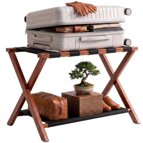 Luggage Rack, Fully Assembled Bamboo Foldable Suitcase Stand for Guest Room, 26.7-Inch Luggage Holder with Storage Shelf & 5 Nylon Straps, for Bedroom and Hote (1 Pack - Brown) - color: 1 Pack - Brown