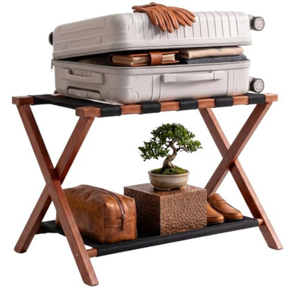 Luggage Rack, Fully Assembled Bamboo Foldable Suitcase Stand for Guest Room, 26.7-Inch Luggage Holder with Storage Shelf & 5 Nylon Straps, for Bedroom and Hote (1 Pack - Brown) - color: 1 Pack - Brown
