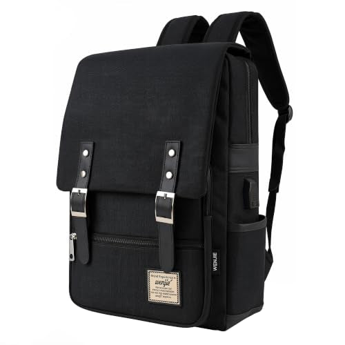 Casual Vintage Laptop Backpack with USB Charging Port Fashion Rucksack - color: Solid Black