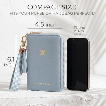 Beautiful Passport Holder And Travel Wallet with Wristlet Strap - color: Blue