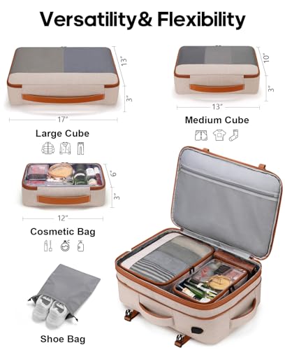Bagsure Travel Carry On Backpack,42L Flight Approved,Expandable Backpack - color: Beige-brown (Backpack With 4 Packing Cubes)