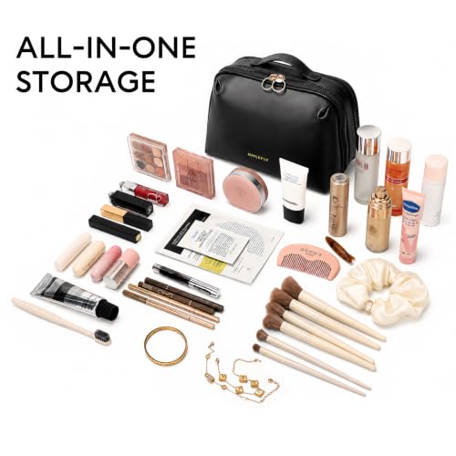 GIVLEFLY Travel Makeup Bag for Women, Organizer with Detachable Brush Case - color: Black