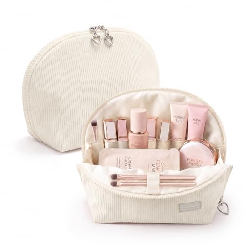 Parallel Traveler Makeup Bag, Shell Shape Magnetic Hold-Open Cosmetic Bag, Fold-Down Design, Large Capacity Waterproof Organizer with Compartments for Travel Essentials, Off White - color: Off-white