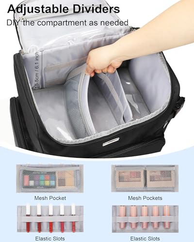 Relavel Makeup Backpack Large Bag with 5 Clear Set Bags, Dual Layer Professional Cosmetic Organizer Travel Train Case Makeup Artist Kit with Adjustable Dividers & Easy to Clean Lining, Black - color: Black (5 clear bags), size: Large