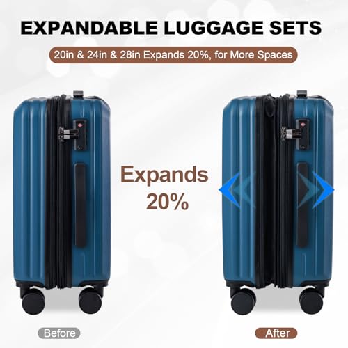 OUZZO Durable Luggage Sets 3 Piece PC Hardshell Lightweight 20/24/28'' - color: blue, size: 3 Piece Set-20"/24"/28"