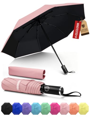 Yoobure Compact Travel Umbrella, Windproof Automatic Folding UV Sun & Rain - color: Coral Pink