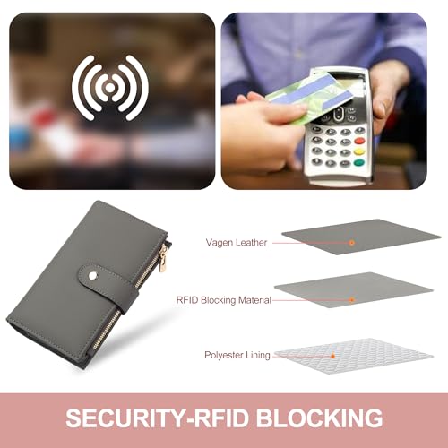 yiijay Women's Wallet RFID Blocking Leather Trifold Clutch Wallet Credit Card Holder Ladies Travel Wallet Purse with Passport/Pen Holder - color: 1Light Grey
