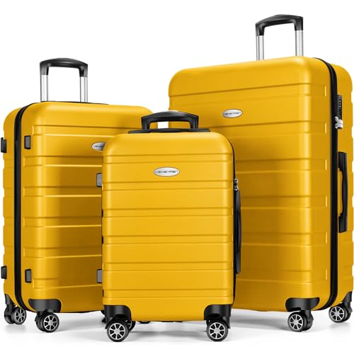 Luggage Sets Hardside Lightweight Suitcase with Spinner Wheels TSA Lock, 3-Piece Set (20/24/28) - color: Yellow