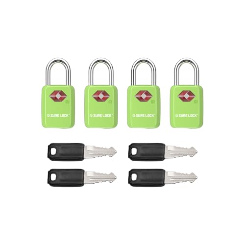 SURE LOCK Mini TSA Approved Keyed Luggage Lock – One Key Opens All, Fits Tight Zipper Gaps & Small Pull Holes, Compact Travel Lock for Suitcases, Backpacks & Handbags - color: GREEN 4 LOCKS