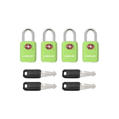 SURE LOCK Mini TSA Approved Keyed Luggage Lock – One Key Opens All, Fits Tight Zipper Gaps & Small Pull Holes, Compact Travel Lock for Suitcases, Backpacks & Handbags - color: GREEN 4 LOCKS