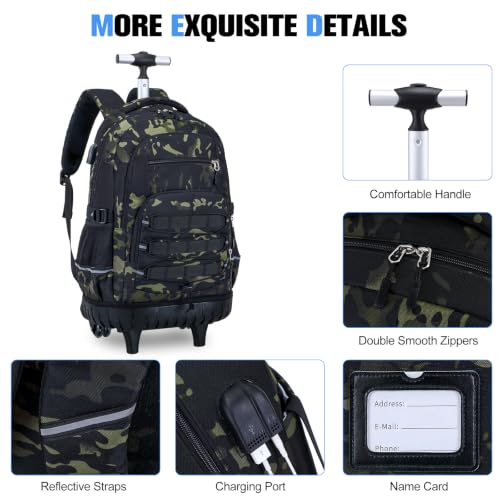 ACESAK 3PCS Camo Rolling Backpack for Boys with Lunch Box Pencil Case - color: Camo Black