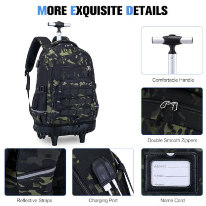 ACESAK 3PCS Camo Rolling Backpack for Boys with Lunch Box Pencil Case - color: Camo Black
